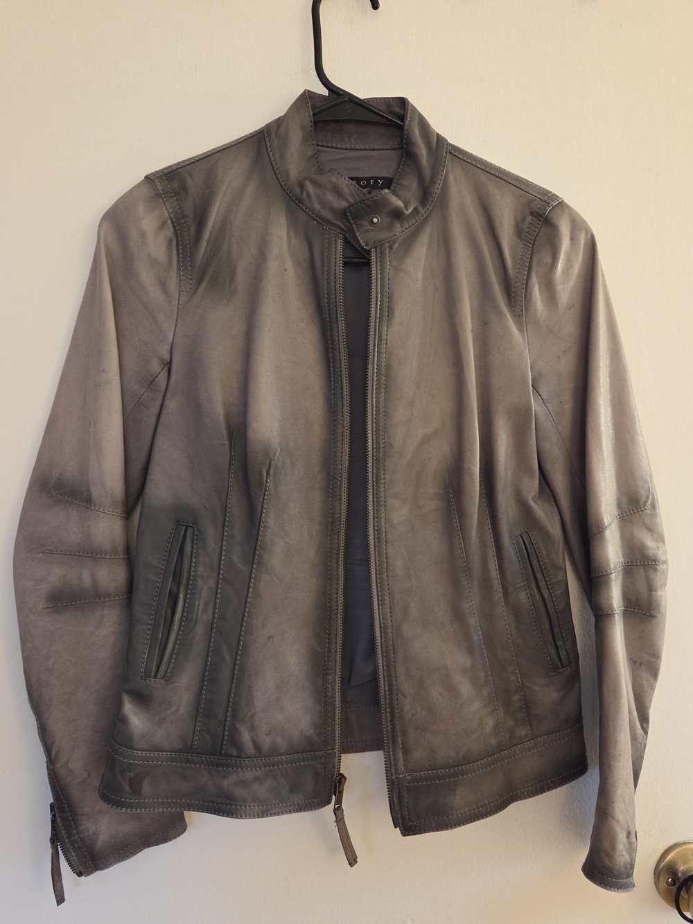 Theory Leather Moto Jacket in Distressed Gray